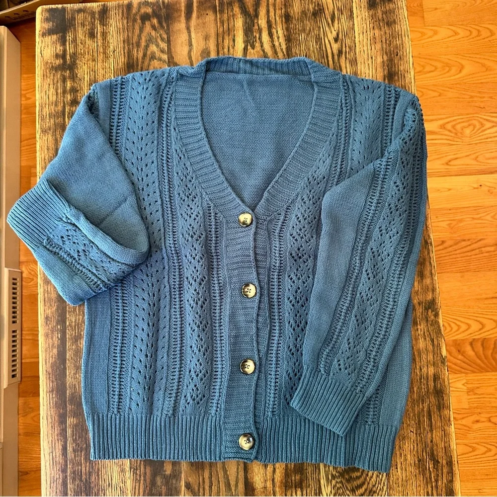 Open Knit Drop Shoulder Cardigan in Teal Size Medium